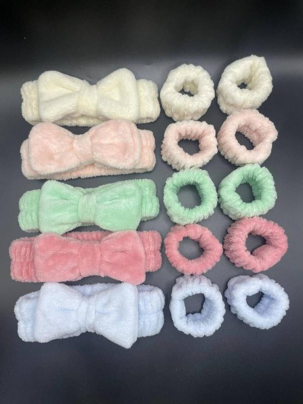 Cute Bow Decor Hair Band & Wrist Band (15pcs), Solid Color High Stretch Hair Band Set for Washing Face, Fashion Hair Accessories for Women & Girls