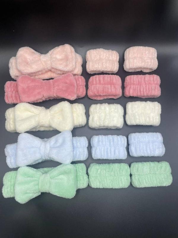 Cute Bow Decor Hair Band & Wrist Band (15pcs), Solid Color High Stretch Hair Band Set for Washing Face, Fashion Hair Accessories for Women & Girls