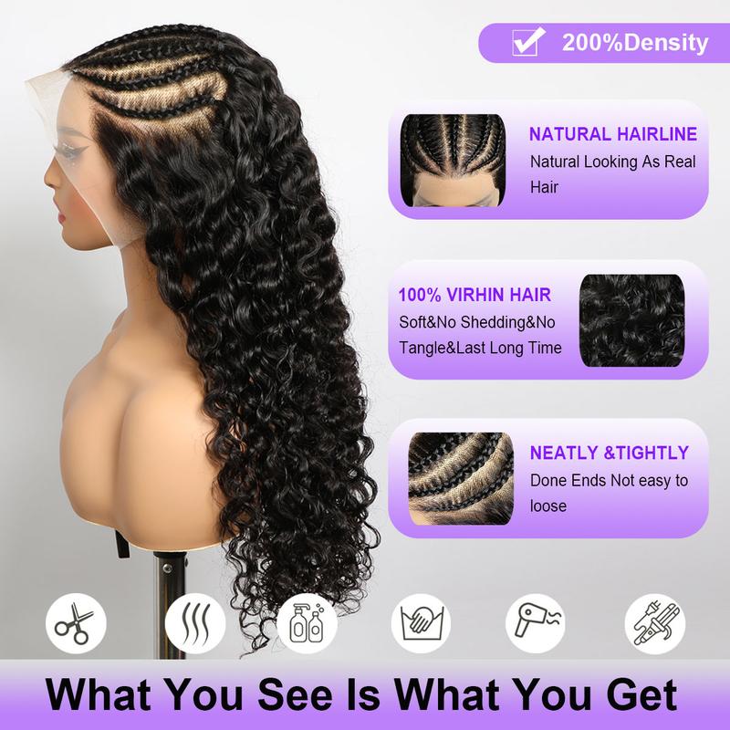 VIPbeauty 200% Density Pre braided Water Wave 13x6 Full Lace Frontal Human Hair Wigs Deep Wave Full Lace Front Wig HD Transparent Lace Wigs 12a Brazilian Virgin Human Hair Pre Plucked Bleached Knots