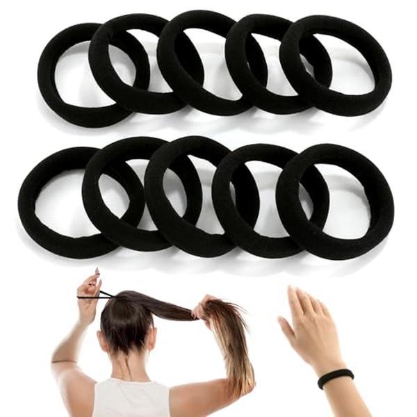 2 PCS Large Black Hair Ties for Women and Girls - High Stretching, Thick Seamless Cotton, No Damage Elastics (2 Inch Diameter)