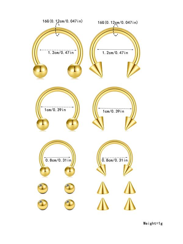 14pcs set Unisex 8 10 12mm Stainless Steel Nose Rings, Nose Piercing Jewelry, Nose Rings with 4pcs 3 4mm Replacement Heads