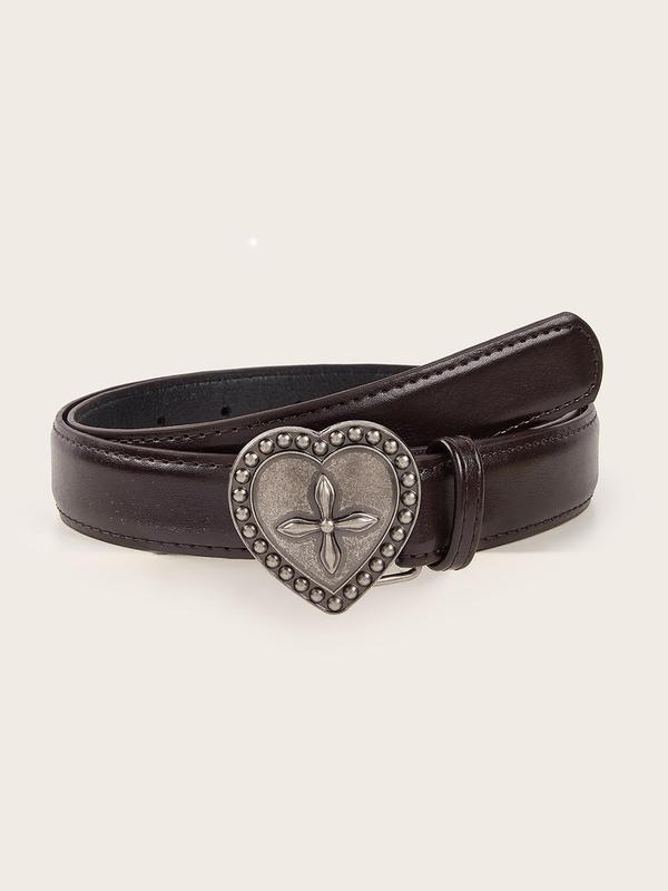 Western Heart Decor Pu Buckle Belt for Women, 2024 New Style Vintage Rivet Studded Embossed Pu Leather Belt, Gothic Jeans Pants Waistband for Matching Outfit