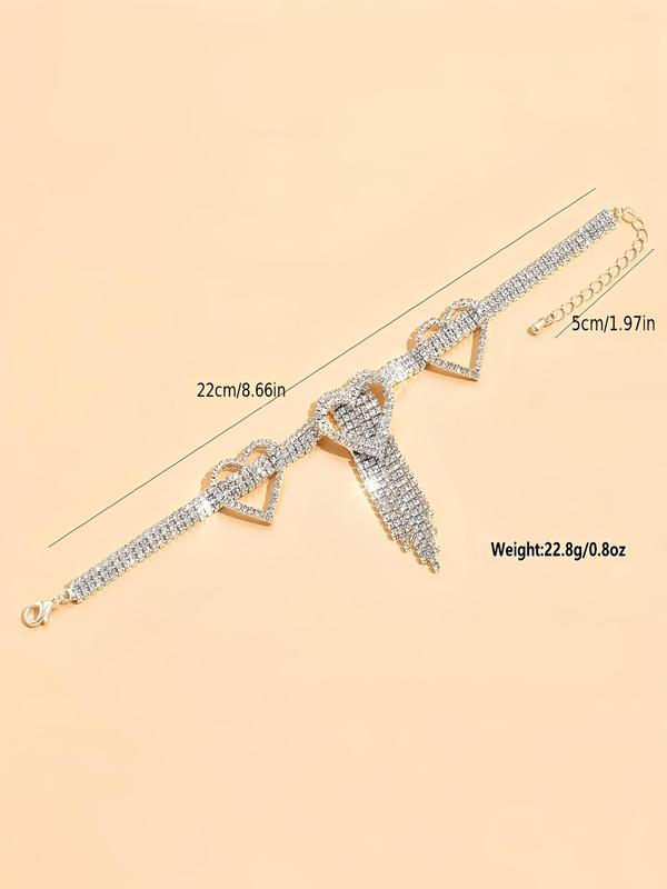 Rhinestone Decorated Heart Design Anklet,  Bling Bling Long Tassel Decorated Foot Jewelry for Women & Girls, Trendy All-match & Exquisite Jewelry for Birthday Gift