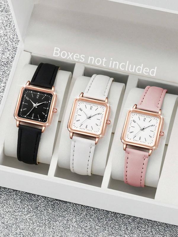 3pcs Set Women's Fashion Casual Numeric Scale Square Dial Quartz Wrist Watch And Belt Combo