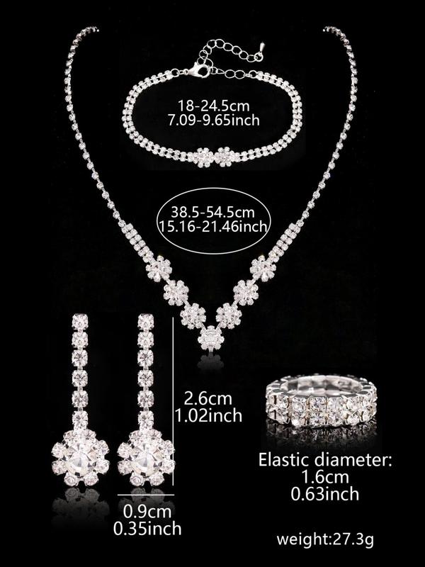 Women's Elegant Rhinestone Decorated Necklace & Dangle Earrings & Ring & Bracelet, Exquisite Trendy Jewelry Set, Fashionable Accessories for Party & Daily Clothing Decor