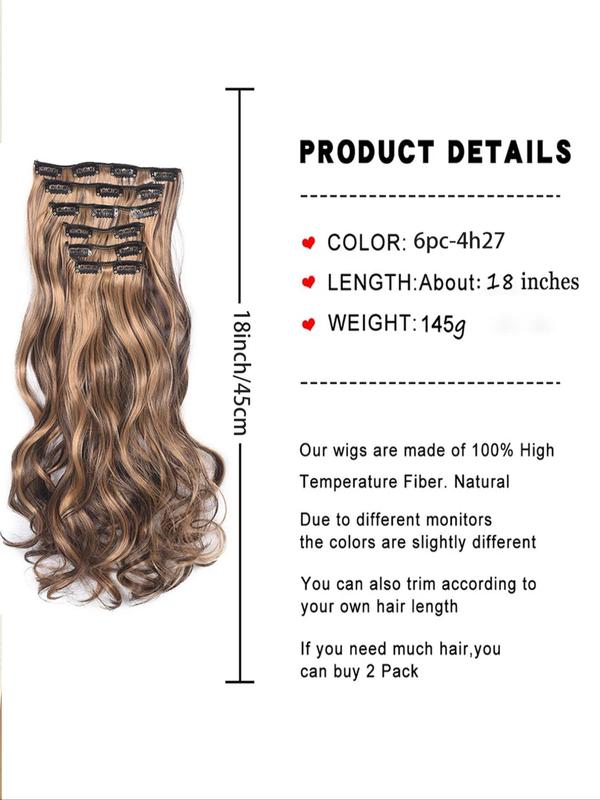 Ombre Long Wavy Clip-in Hair Extensions, 6 Counts Thick Hairpieces Natural Synthetic Hair Extensions, Heat Resistant Synthetic Hairpiece for Party & Daily Use