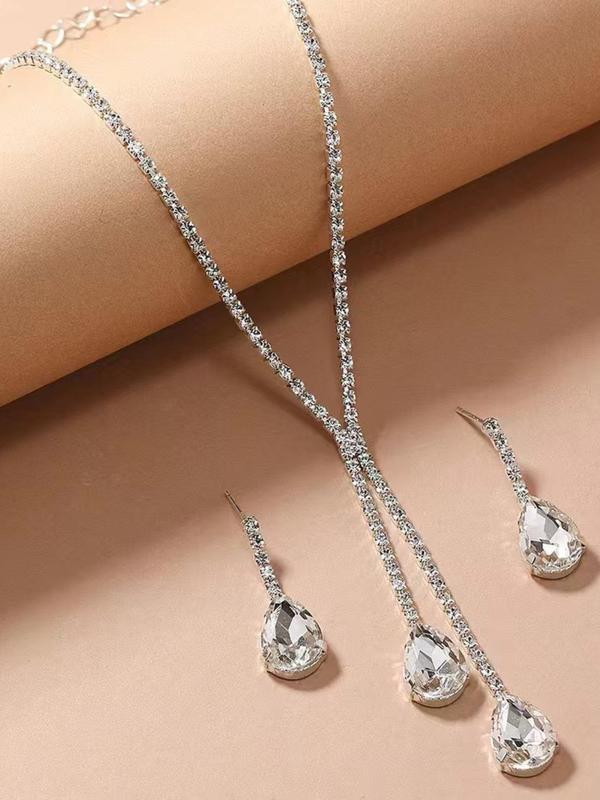 Women's Elegant Rhinestone Decorated Necklace & Dangle Earrings, Exquisite Trendy Jewelry Set, Fashionable Accessories for Party & Daily Clothing Decor