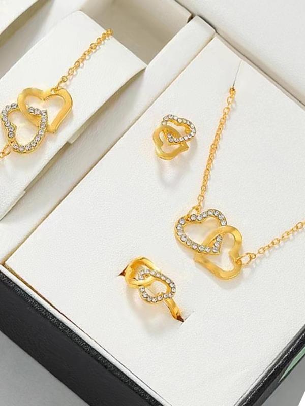 Heart Shaped Rhinestone Decorated Jewelry Set, Elegant Necklace & Earrings & Ring & Bracelet, Fashion Accessories for Women & Girls