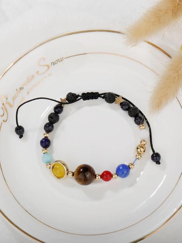 Planet Charm Beaded Bracelet, Colorblock Stone Beaded Bracelet for Women & Men, Fashion Jewelry for Party, Daily Clothing Decor, Trendy Exquisite Jewelry for Gift