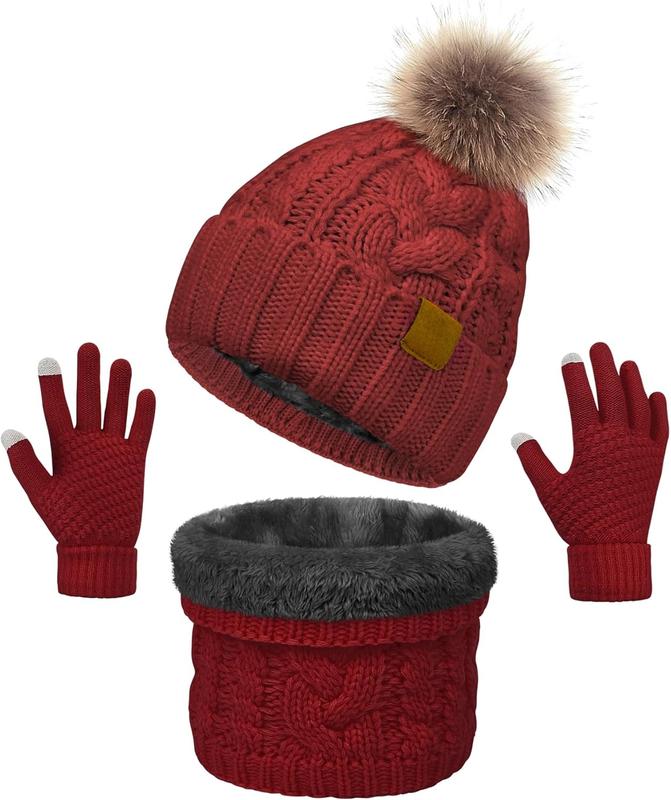 3 count Winter Hat and Scarf Set for Women Warm Knit Beanie Fleece Lined Pom Hats  Warmer Touchscreen Gloves Gifts