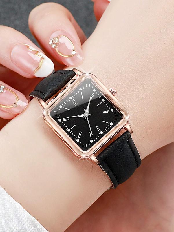 3pcs Set Women's Fashion Casual Numeric Scale Square Dial Quartz Wrist Watch And Belt Combo