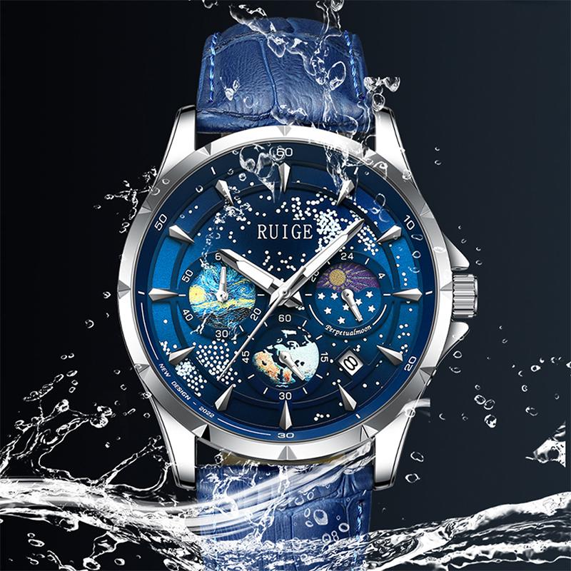 RUIGE Starry Ocean Men's Watch Leather Multi functional Men's Night Light Waterproof Trendy Fashion Watch