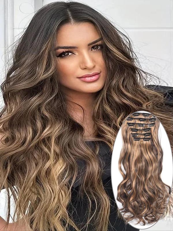 Ombre Long Wavy Clip-in Hair Extensions, 6 Counts Thick Hairpieces Natural Synthetic Hair Extensions, Heat Resistant Synthetic Hairpiece for Party & Daily Use