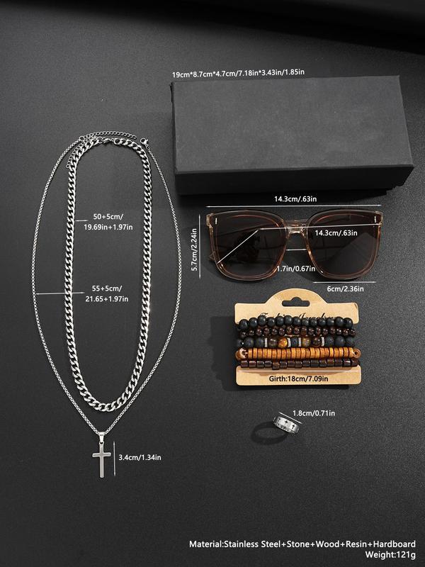 Men's Vintage Jewelry Set, Fashion Cross Necklace & Beaded Bracelet & Ring & Sunglasses & Glasses Case, 2024 New Style Casual Jewelry Set for Men