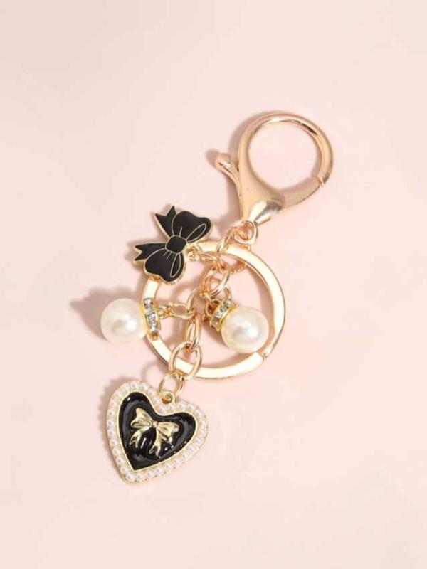 Fashion Heart & Bow & Faux Pearl Decor Keychain, Cute Keychain for Women & Girls, Keychain for Car, Key, Trendy All-match & Exquisite Keychain for Birthday Gift