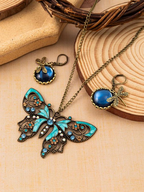 Vintage Butterfly & Rhinestone Decor Pendant Necklace & Dragonfly Dangle Earrings (1 2 3counts), Boho Style Jewelry Set for Women, Party, Daily Clothing Decor