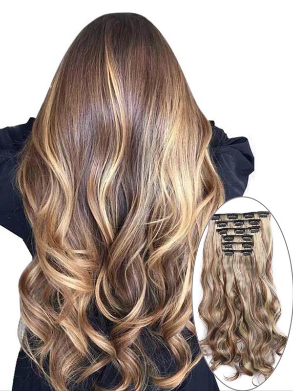 Ombre Long Wavy Clip-in Hair Extensions, 6 Counts Thick Hairpieces Natural Synthetic Hair Extensions, Heat Resistant Synthetic Hairpiece for Party & Daily Use