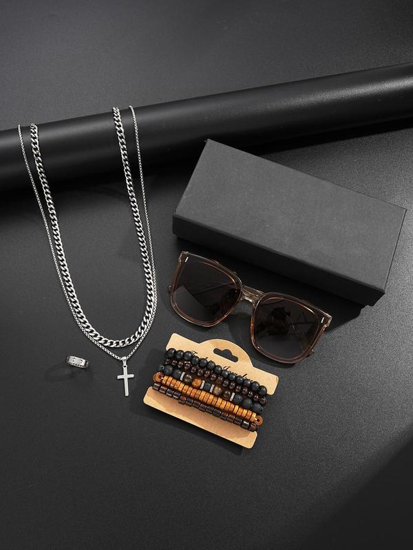 Men's Vintage Jewelry Set, Fashion Cross Necklace & Beaded Bracelet & Ring & Sunglasses & Glasses Case, 2024 New Style Casual Jewelry Set for Men