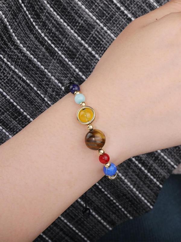 Planet Charm Beaded Bracelet, Colorblock Stone Beaded Bracelet for Women & Men, Fashion Jewelry for Party, Daily Clothing Decor, Trendy Exquisite Jewelry for Gift