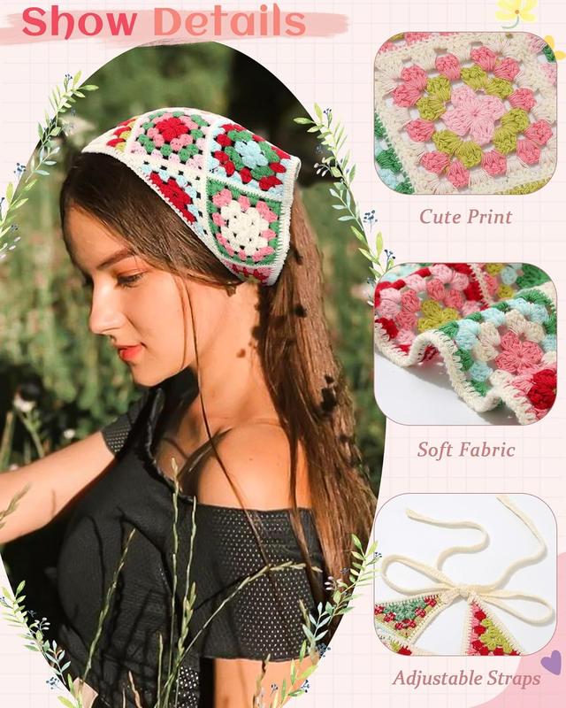 Floral Crochet Hair Bandanas Headscarf 2  Women Hair Scarf Daisy Headband Vintage  Kerchief for Girls(Multicolor)