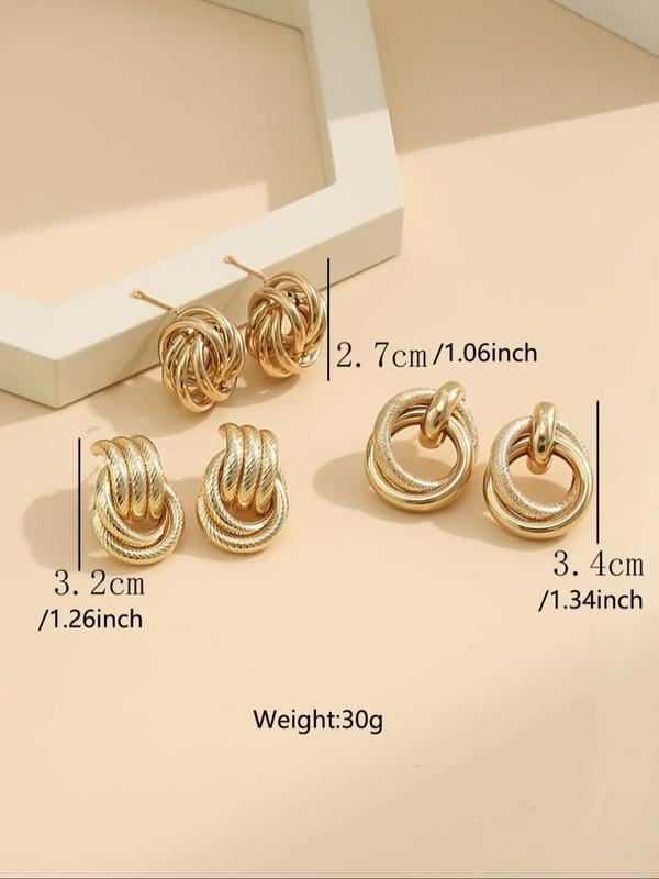 3 Pairs Women's Elegant Trendy Multilayer Twist Design Stud Earrings, Circle Design Stud Earrings, Simple Style Plain Color Casual Stud Earrings For Daily & Party