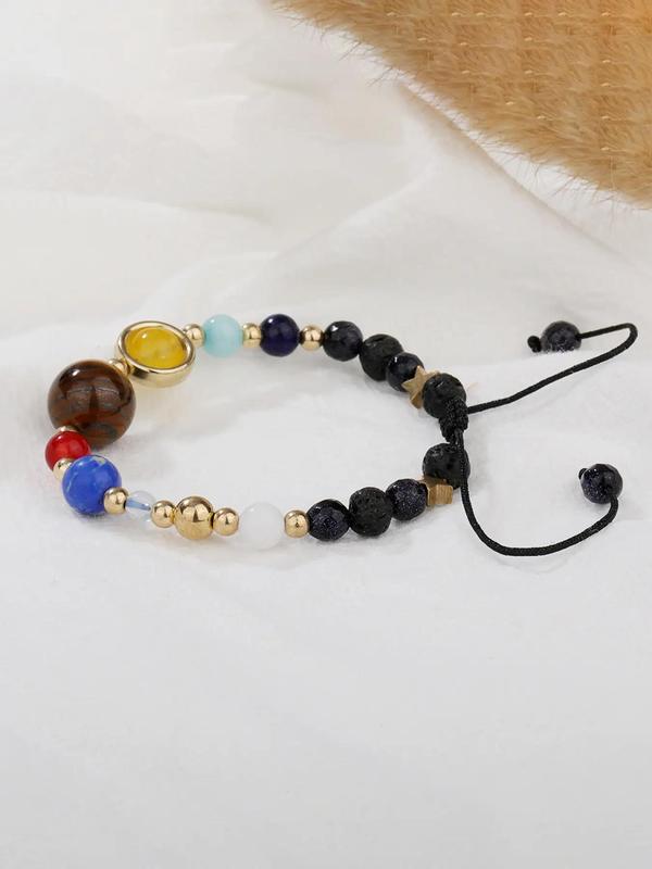 Planet Charm Beaded Bracelet, Colorblock Stone Beaded Bracelet for Women & Men, Fashion Jewelry for Party, Daily Clothing Decor, Trendy Exquisite Jewelry for Gift