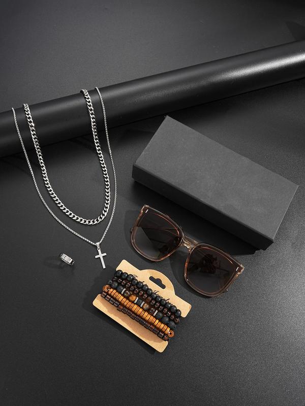 Men's Vintage Jewelry Set, Fashion Cross Necklace & Beaded Bracelet & Ring & Sunglasses & Glasses Case, 2024 New Style Casual Jewelry Set for Men