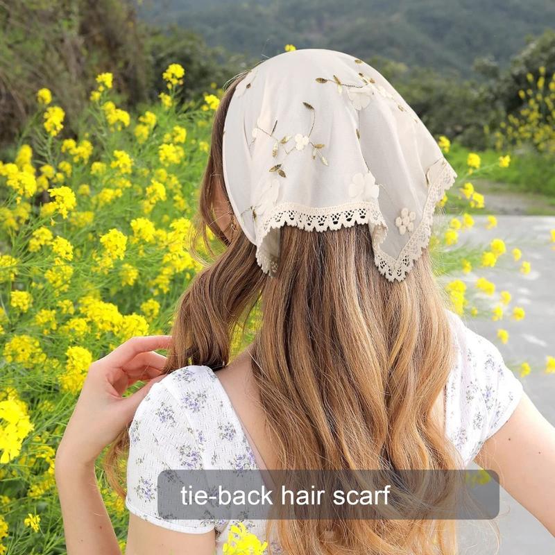 AWAYTR 2Pcs Set Floral Hair Bandanas Tie-back Head Kerchief for Women Girls Flower Mesh Hair Scarves Lightweight Triangular Head Scarf