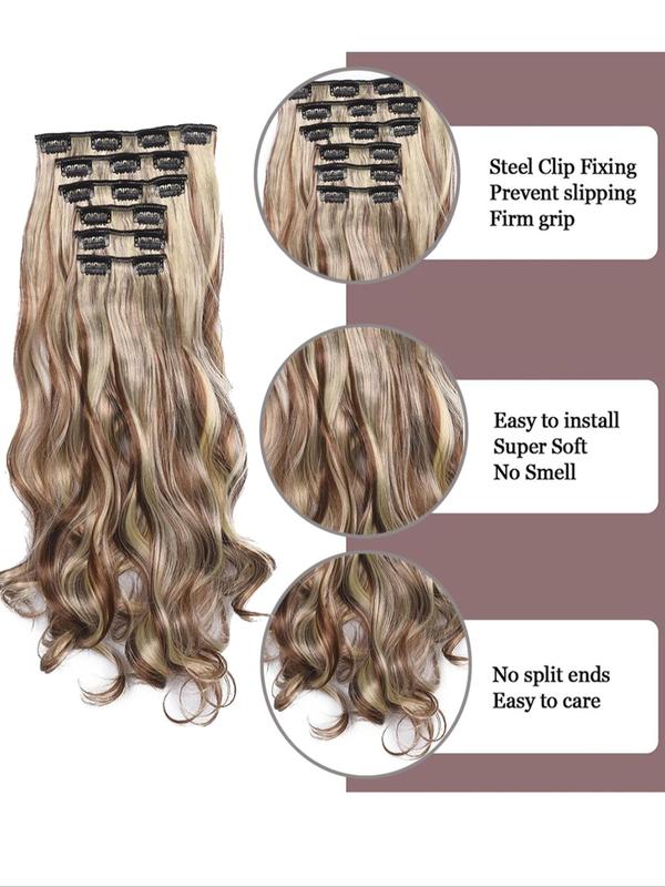 Ombre Long Wavy Clip-in Hair Extensions, 6 Counts Thick Hairpieces Natural Synthetic Hair Extensions, Heat Resistant Synthetic Hairpiece for Party & Daily Use