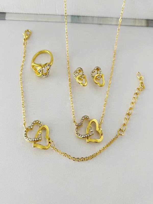 Heart Shaped Rhinestone Decorated Jewelry Set, Elegant Necklace & Earrings & Ring & Bracelet, Fashion Accessories for Women & Girls