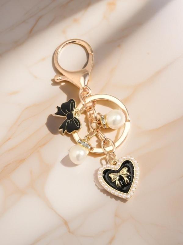 Fashion Heart & Bow & Faux Pearl Decor Keychain, Cute Keychain for Women & Girls, Keychain for Car, Key, Trendy All-match & Exquisite Keychain for Birthday Gift