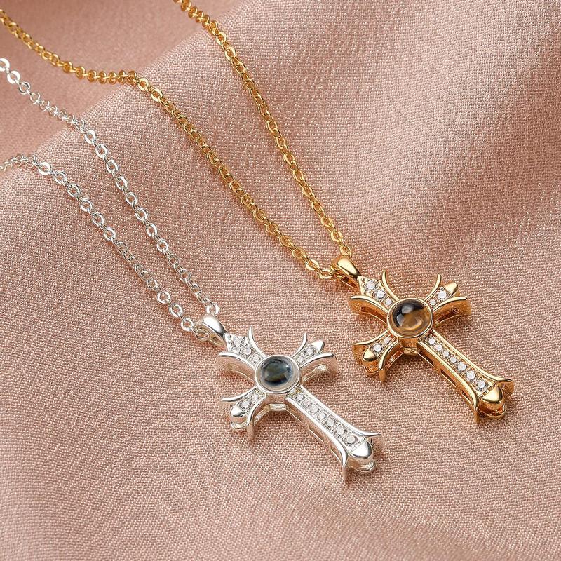 Apsvo Projection Bible Verse Cross Necklace for Women Girls, Gold Silver Cross Pendant Scriptures Necklace for Religious Christian Jewelry Inspirational Gifts