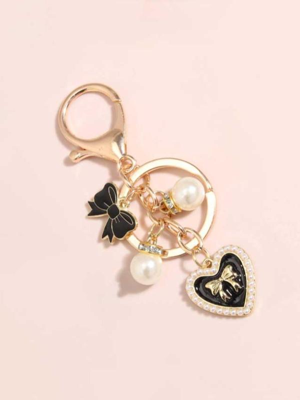 Fashion Heart & Bow & Faux Pearl Decor Keychain, Cute Keychain for Women & Girls, Keychain for Car, Key, Trendy All-match & Exquisite Keychain for Birthday Gift