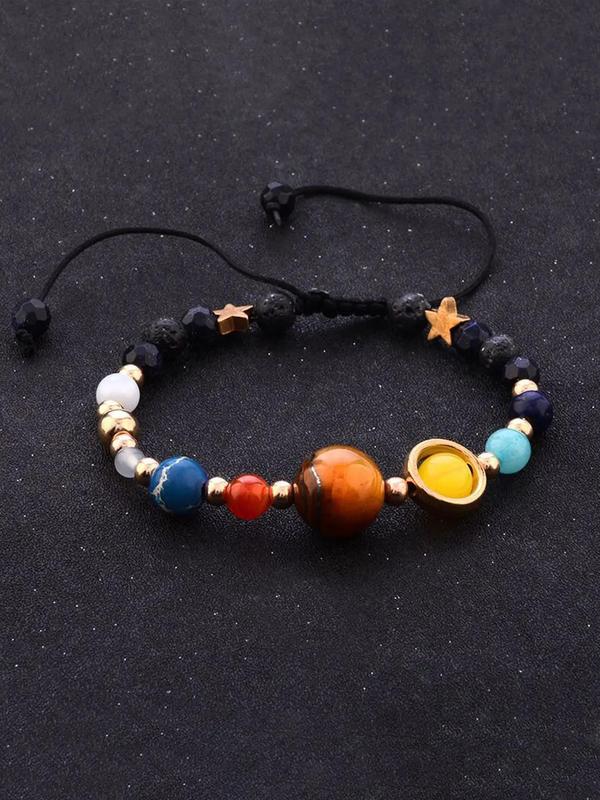 Planet Charm Beaded Bracelet, Colorblock Stone Beaded Bracelet for Women & Men, Fashion Jewelry for Party, Daily Clothing Decor, Trendy Exquisite Jewelry for Gift