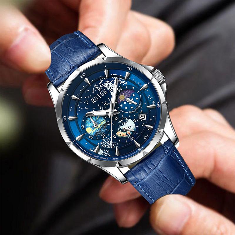 RUIGE Starry Ocean Men's Watch Leather Multi functional Men's Night Light Waterproof Trendy Fashion Watch