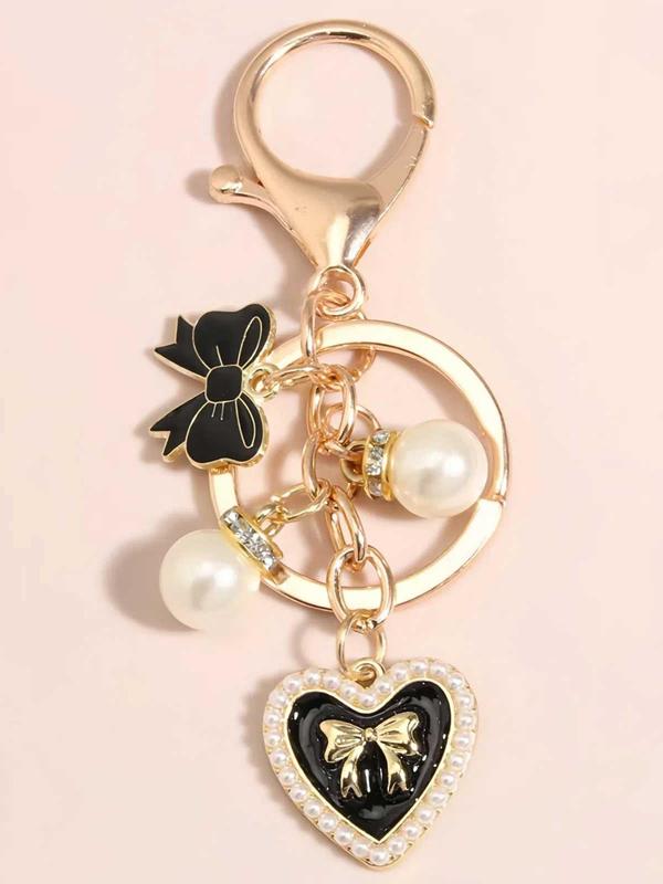 Fashion Heart & Bow & Faux Pearl Decor Keychain, Cute Keychain for Women & Girls, Keychain for Car, Key, Trendy All-match & Exquisite Keychain for Birthday Gift