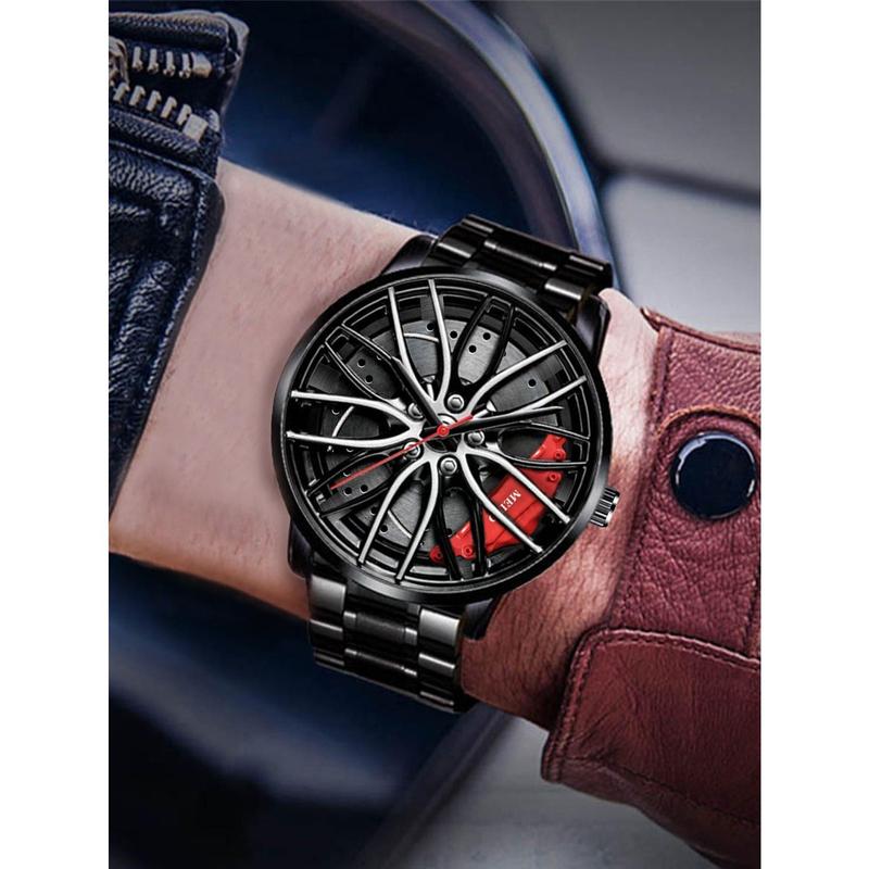 1 count Fashionable Men's Alloy Strap Quartz Watch With Wheel Dial For Daily Decoration