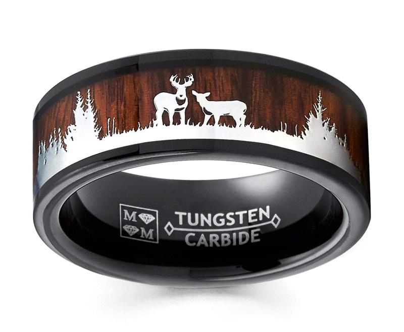 Tungsten Carbide Ring Band Wood Inlay 8MM Black Brown