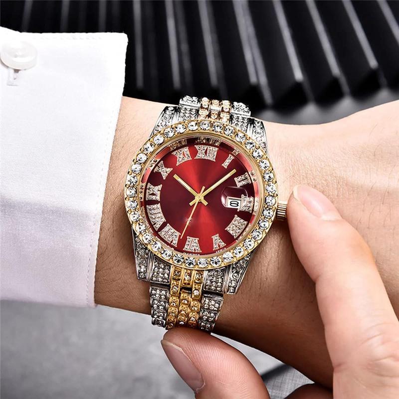 Men's Diamond Watch Fashion Crystal Rhinestone Quartz Analog Watch Iced-Out Bracelet Wrist Watch