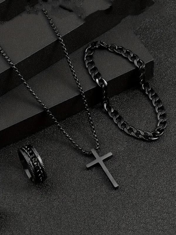 Men's Chain Design Cross Pendant Necklace & Ring & Bracelet, Fashion Jewelry for Party, Daily Clothing Decor, Trendy All-match & Exquisite Jewelry for Birthday Gift