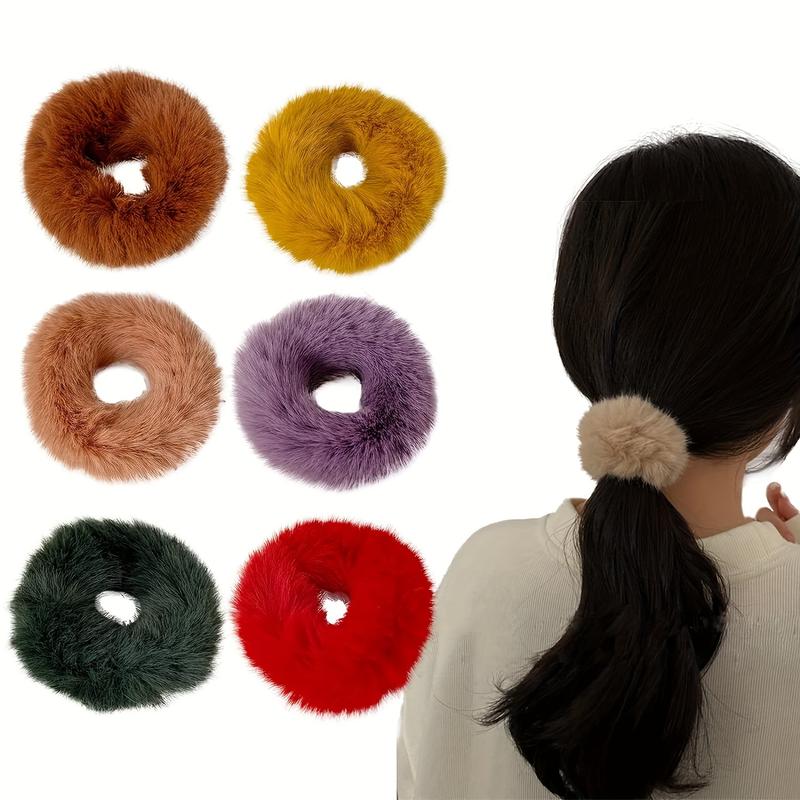 6 PCs Artificial Hair Ring Furry Hair with Hair Fluff Hair Band Hair Rope Wristband Hair Ring Horse Tail Clip Hair Accessories Women Daily Use Multicolor