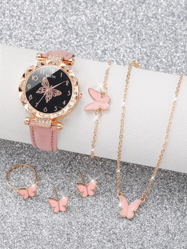 Women's Analog Luxury Watches & Summer Jewelry Set, Quartz Wristwatch & Butterfly Necklace & Bracelet & Earrings & Ring, Girlfriend Gifts without Box