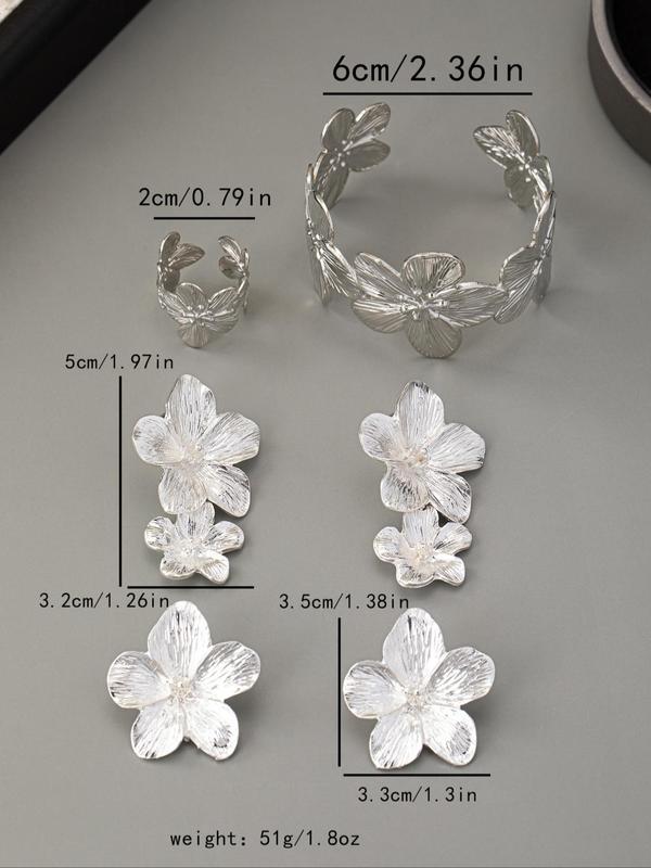 Women's Elegant Flower Design Jewelry Set, 1 4 Counts Exquisite Trendy Stud Earrings & Ring & Bracelet, Fashionable Jewelry Set As Gift for Women