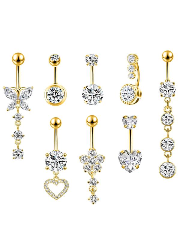 Women's Cute Butterfly & Heart Design Belly Rings, 8 Counts set Fashion Belly Piercing Jewelry for Party, Daily Decor, Trendy All-match & Exquisite Body Jewelry for Birthday Gift