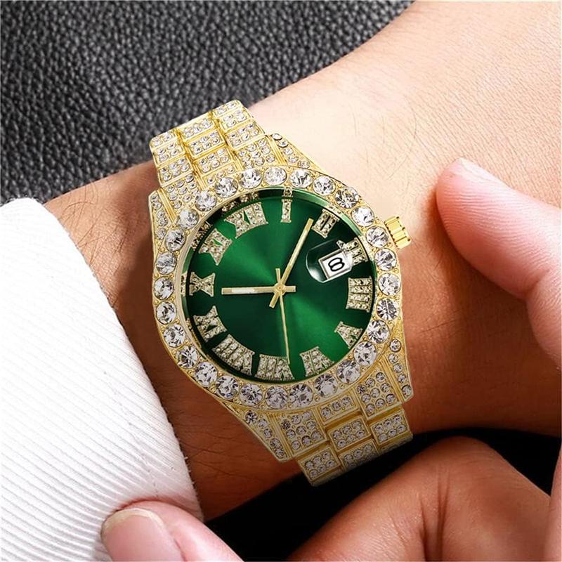 Men's Diamond Watch Fashion Crystal Rhinestone Quartz Analog Watch Iced-Out Bracelet Wrist Watch