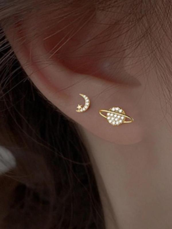 Fashionable Asymmetric Moon & Star Design Earrings,  Rhinestone Decor Stud Earrings, Elegant All-match Jewelry for Girls Gift, Female Classic Fashion Accessories for Daily Wear