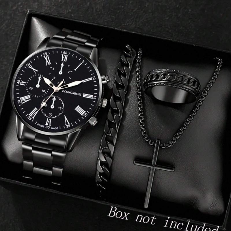 4pcs Set Simple Alloy Black Quartz Watch With Necklace, Bracelet, Ring Father's day