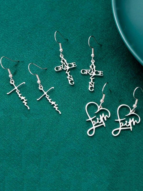 Cross & Letter Themed Earrings & Pendant Necklace, Heart Shaped Letter Slogan Pendant Earrings, Fashion Jewelry Accessories for Women & Men