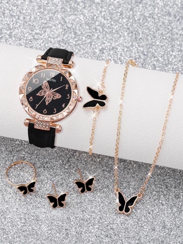 Women's Analog Luxury Watches & Summer Jewelry Set, Quartz Wristwatch & Butterfly Necklace & Bracelet & Earrings & Ring, Girlfriend Gifts without Box