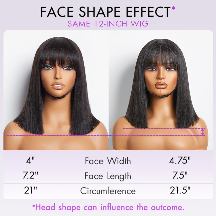 Put On And Go Realistic Glueless Yaki Straight Bob With Bangs Minimalist Undetectable HD Lace Wig